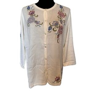 NWT Norm Thompson Ivory with Floral Embroidery Cardigan Sweater‎ Size Large